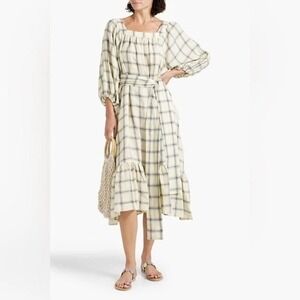 Lisa Marie Fernandez Cream Navy Check Linen Blend Balloon Sleeve Midi Dress NEW